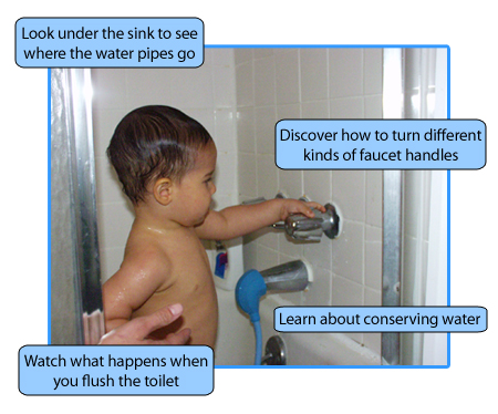 Child in bathtub playing with a faucet
